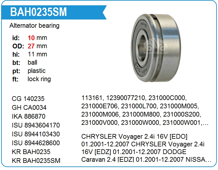 Подшипник генератора KRAUF BAH0235SM (B10-50D)