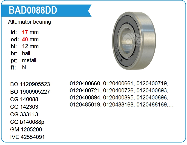 Подшипник генератора KRAUF BAD0088DD (140088)