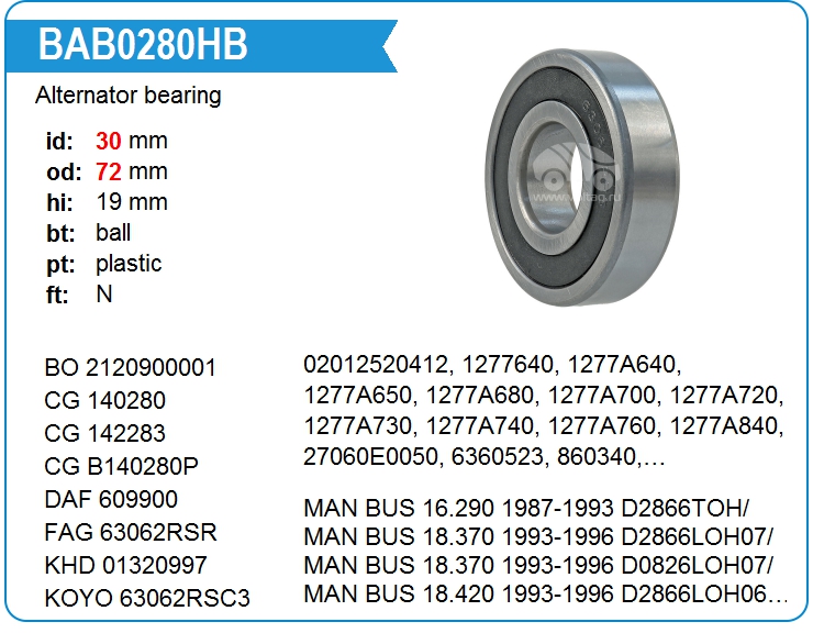 Подшипник генератора KRAUF BAB0280HB (140280)