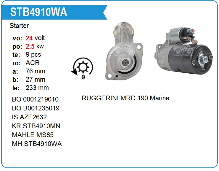 Стартер Motorherz STB4910WA (0001219010)
