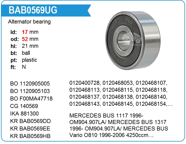 Подшипник генератора KRAUF BAB0569UG (17x52x21)