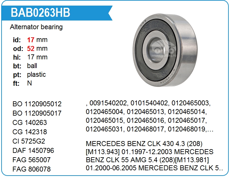 Подшипник генератора KRAUF BAB0263HB (140263)
