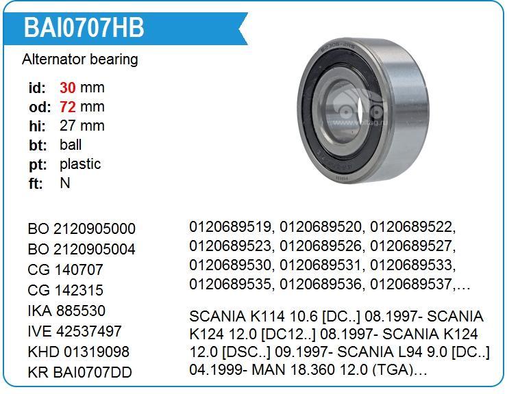 Подшипник генератора KRAUF BAI0707HB (30x72x27)