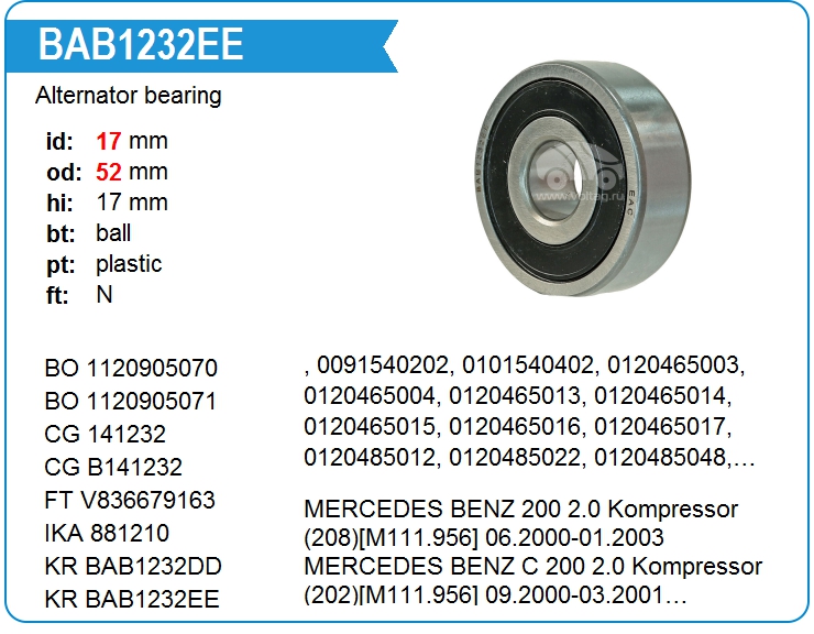 Подшипник генератора KRAUF BAB1232EE (141232)