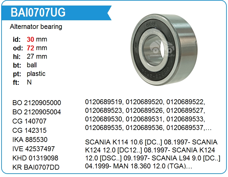 Подшипник генератора KRAUF BAI0707UG (30x72x27)